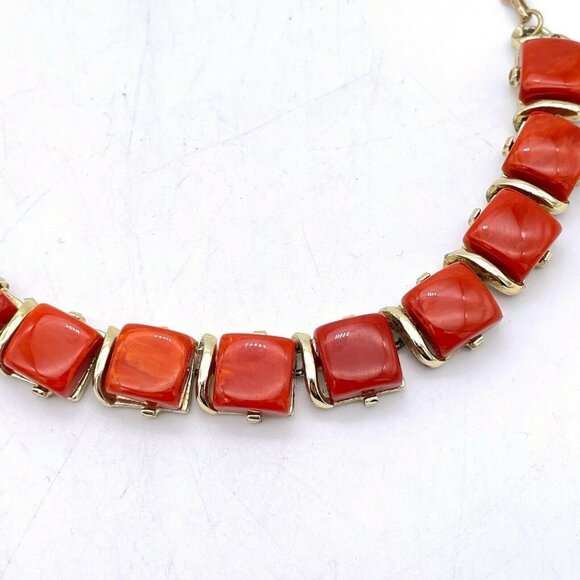 Coro Vintage Women's Orange Square Necklace Gold Tone Chain - Picture 4 of 11